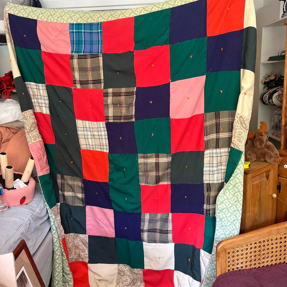 Vintage Handmade Patchwork Tied Quilt Multi Color Plaid Paisley Block Farmhouse